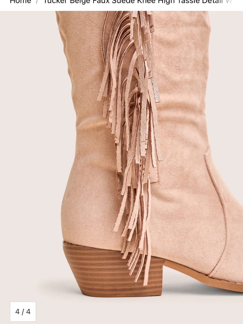 Tucker Beige Faux Suede Knee High Tassle Detail Western Boots - Picture 5 of 11